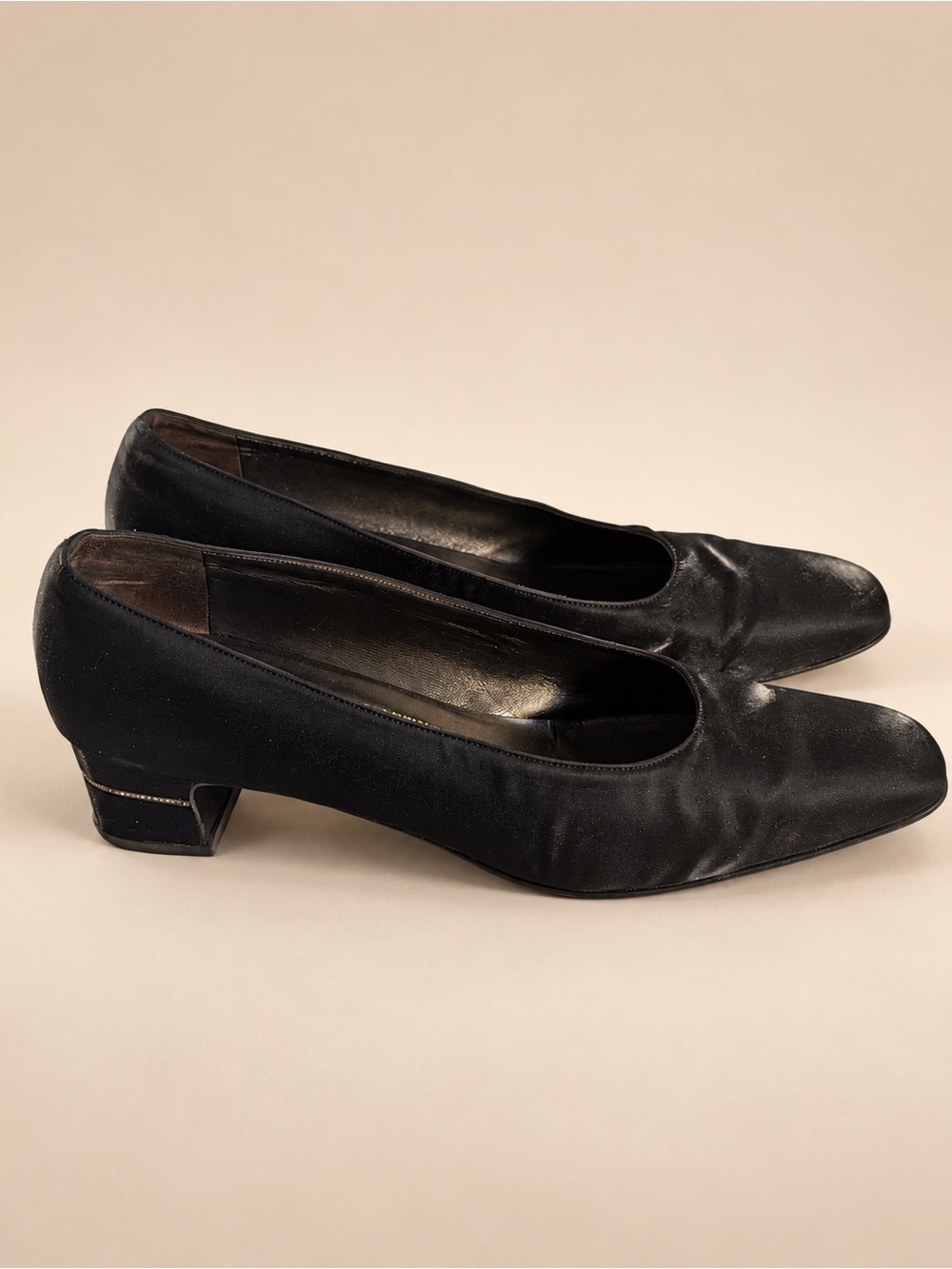 Vintage 1990s Salvatore Ferragamo Black Satin Crystal Heel Pumps